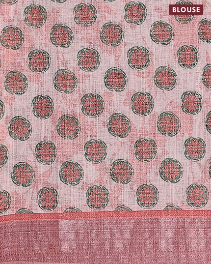 Linen cotton saree mild peach with allover floral prints and silver zari woven border