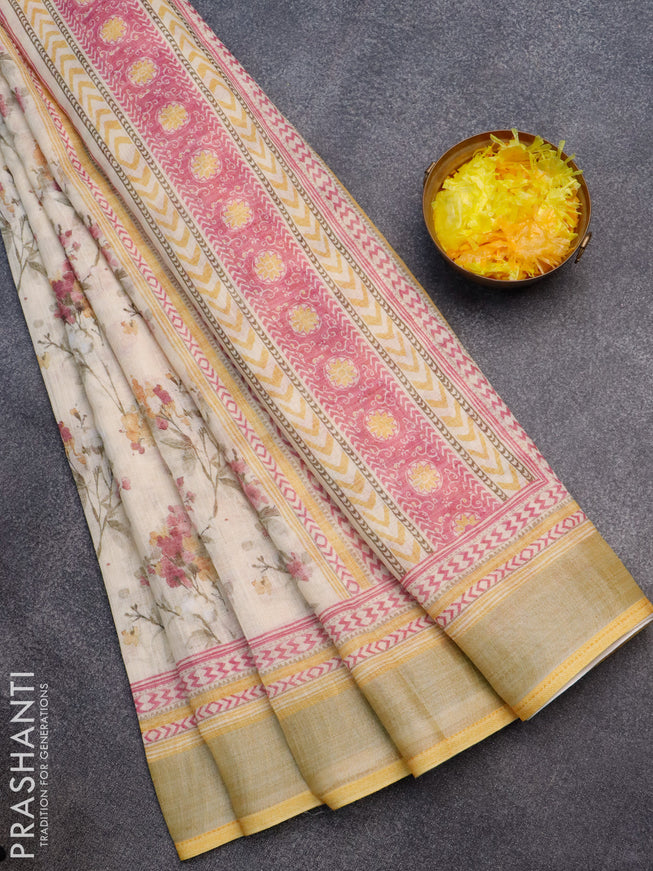 Linen cotton saree pale yellow and yellow with allover floral prints and silver zari woven border