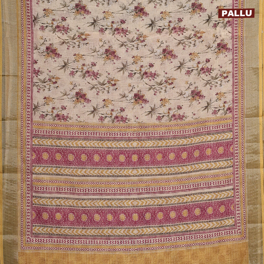 Linen cotton saree pale yellow and yellow with allover floral prints and silver zari woven border