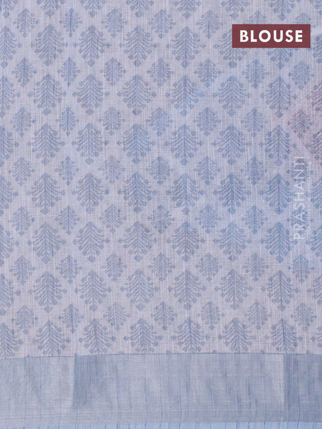 Linen cotton saree pastel blue with allover floral prints and silver zari woven border