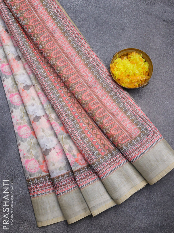 Linen cotton saree cream and beige with allover floral prints and silver zari woven border