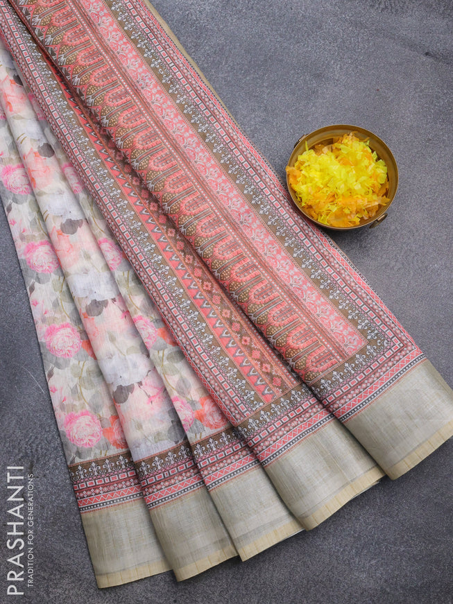 Linen cotton saree cream and beige with allover floral prints and silver zari woven border