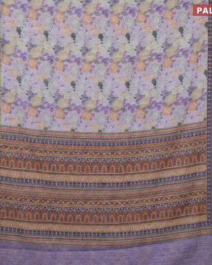 Linen cotton saree pastel lavender with allover floral prints and silver zari woven border