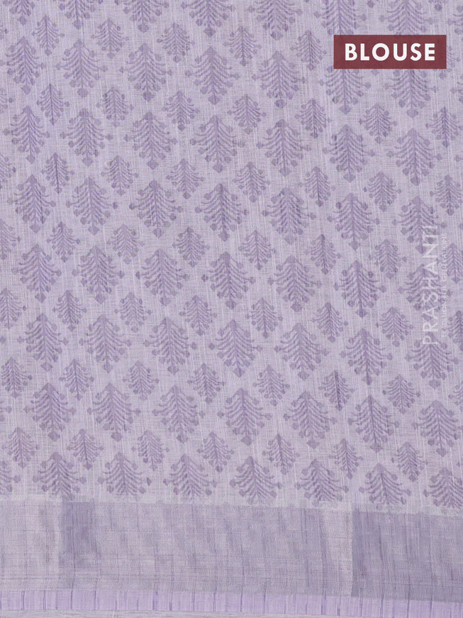 Linen cotton saree pastel lavender with allover floral prints and silver zari woven border