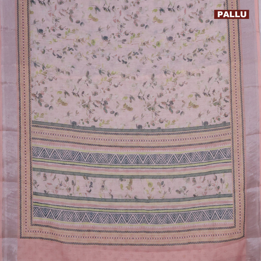 Linen cotton saree mild peach with allover weaves and silver zari woven border