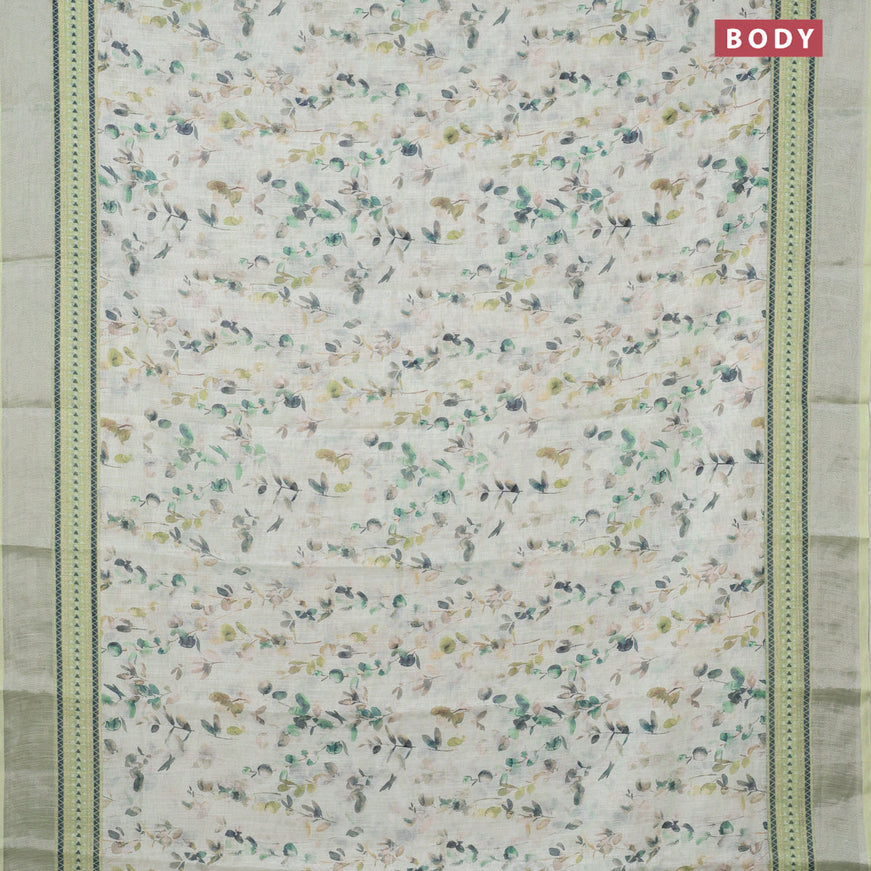 Linen cotton saree pastel green with allover weaves and silver zari woven border