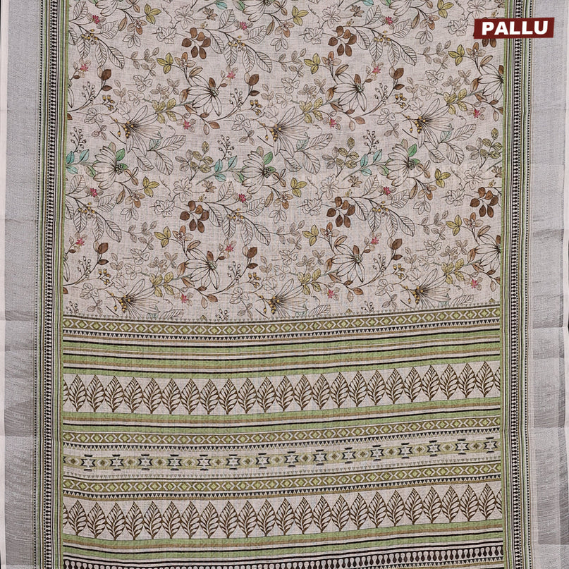 Linen cotton saree off white with allover floral prints and silver zari woven border