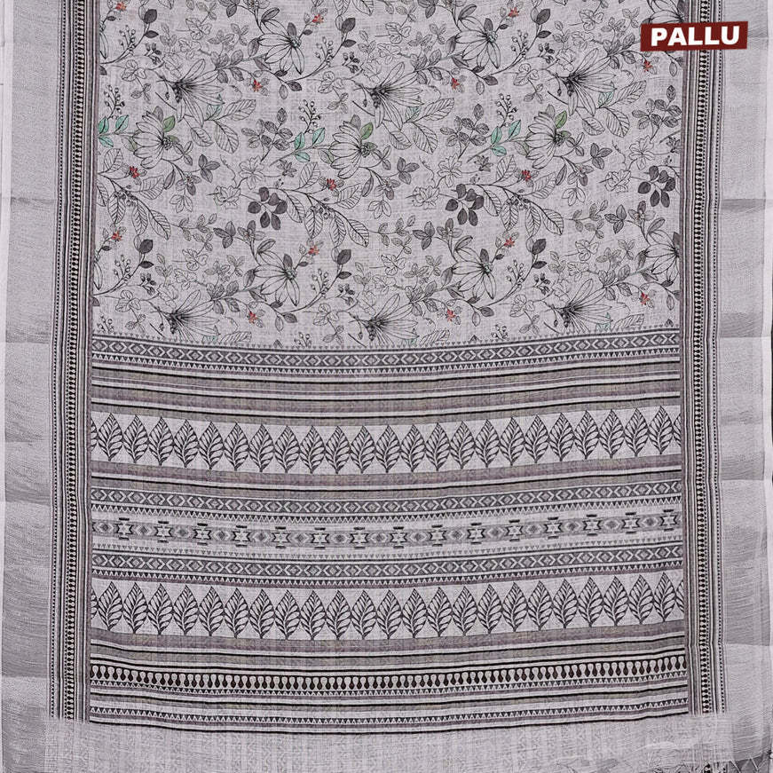 Linen cotton saree off white and grey with allover floral prints and silver zari woven border