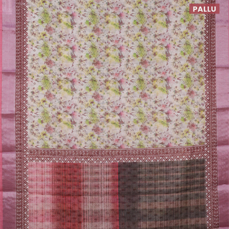 Linen cotton saree off white and pink with allover floral prints and silver zari woven border