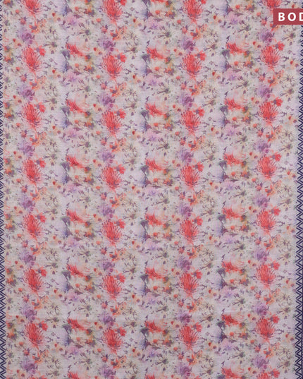 Linen cotton saree off white and lavender with allover floral prints and silver zari woven border