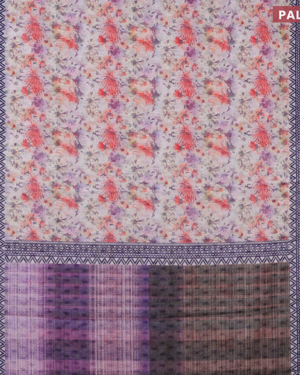 Linen cotton saree off white and lavender with allover floral prints and silver zari woven border