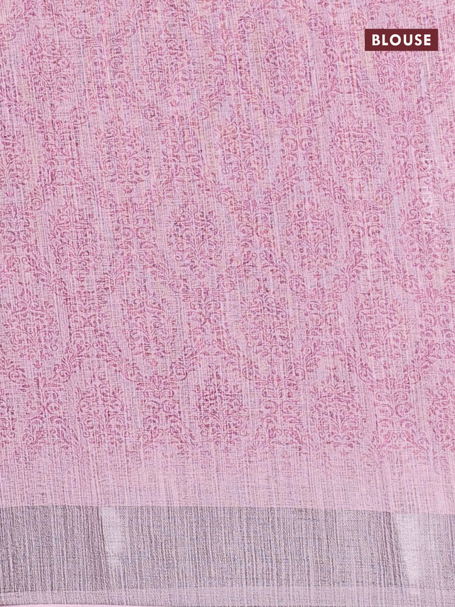 Linen cotton saree pastel pink and light pink with allover floral butta prints and silver zari woven border