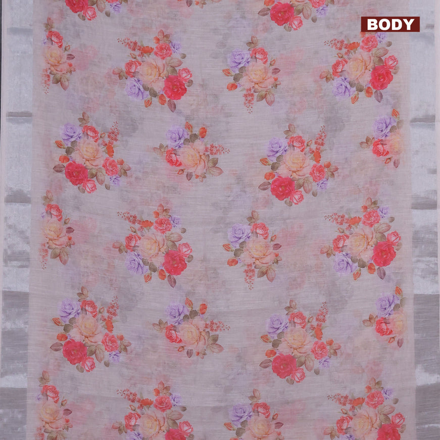 Linen cotton saree grey shade with allover floral butta prints and silver zari woven border
