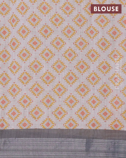 Linen cotton saree pastel grey and grey with allover prints and silver zari woven border