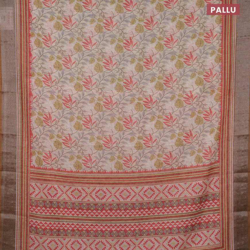 Linen cotton saree beige and dark beige with allover prints and silver zari woven border
