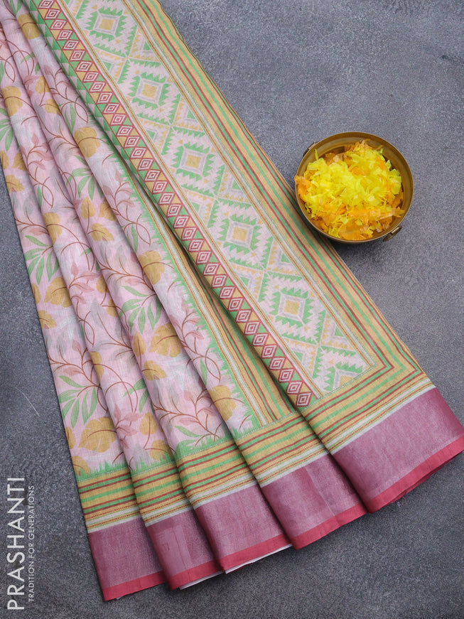 Linen cotton saree light pink and maroon with allover prints and silver zari woven border