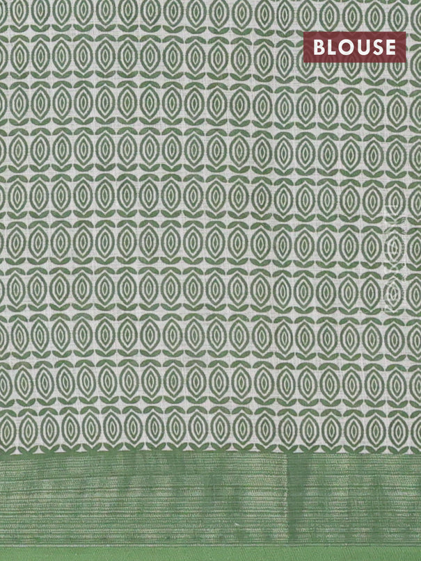 Linen cotton saree pastel green and green with allover prints and silver zari woven border