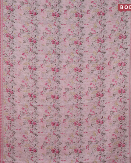Linen cotton saree mild peach pink with allover floral prints and silver zari woven border