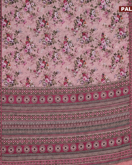 Linen cotton saree peach pink with allover floral prints and silver zari woven border