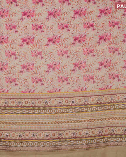 Linen cotton saree cream and yellow shade with allover floral prints and silver zari woven border