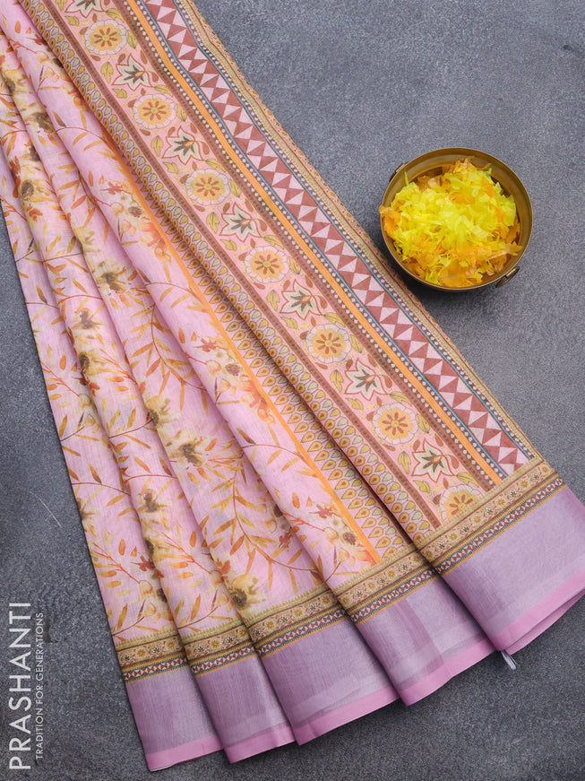 Linen cotton saree pink with allover floral prints and silver zari woven border