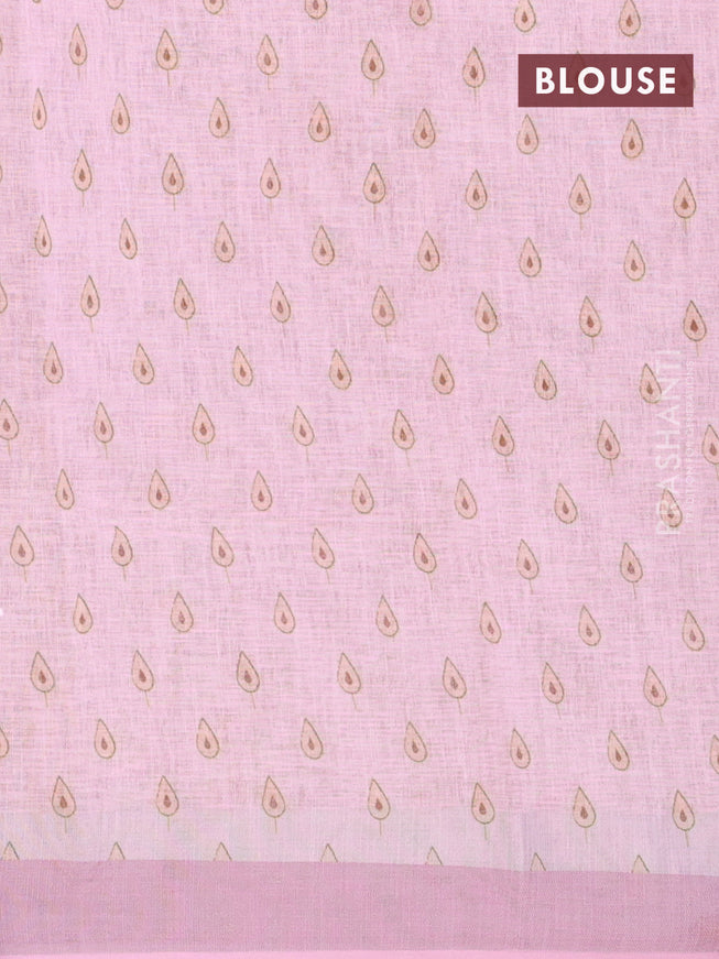 Linen cotton saree pink with allover floral prints and silver zari woven border