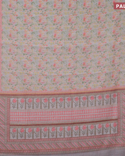 Linen cotton saree grey shade with allover floral prints and silver zari woven border