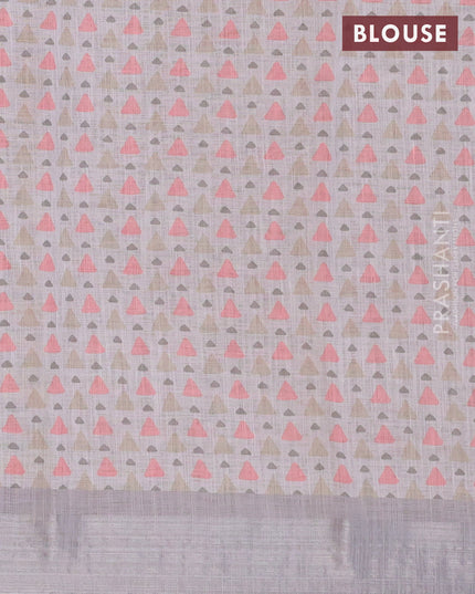 Linen cotton saree grey shade with allover floral prints and silver zari woven border