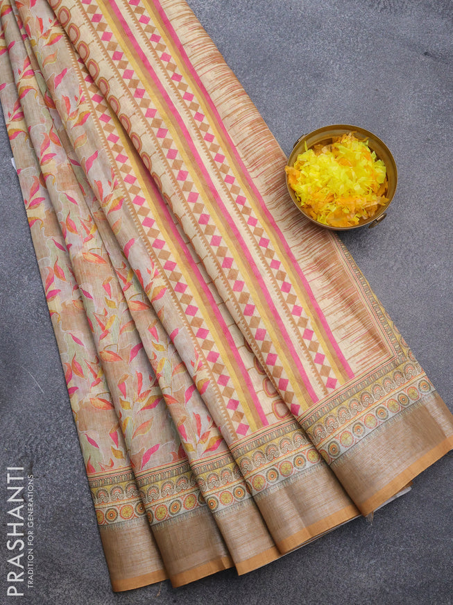 Linen cotton saree sandal with allover prints and silver zari woven border