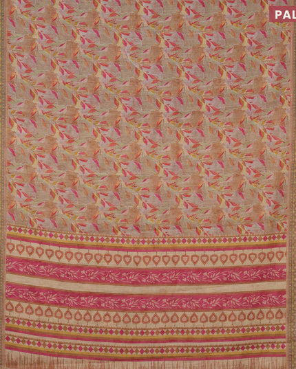 Linen cotton saree sandal with allover prints and silver zari woven border