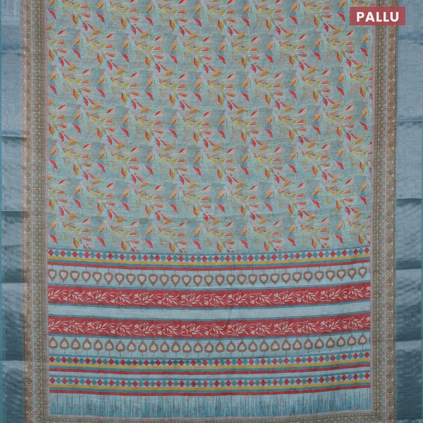 Linen cotton saree teal blue with allover prints and silver zari woven border