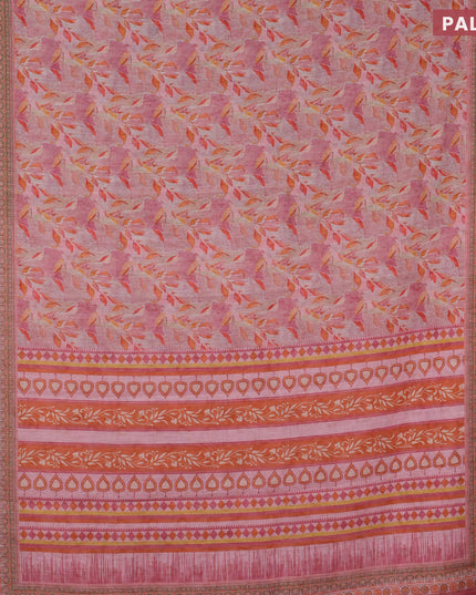 Linen cotton saree pink shade with allover prints and silver zari woven border