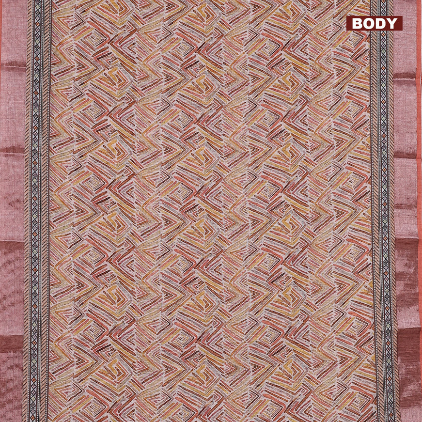 Linen cotton saree off white and peach shade with allover geometric prints and silver zari woven border