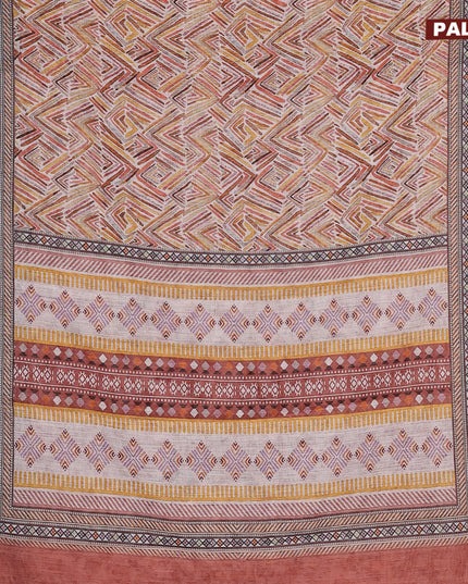 Linen cotton saree off white and peach shade with allover geometric prints and silver zari woven border