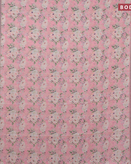 Linen cotton saree peach pink with allover floral prints and silver zari woven border