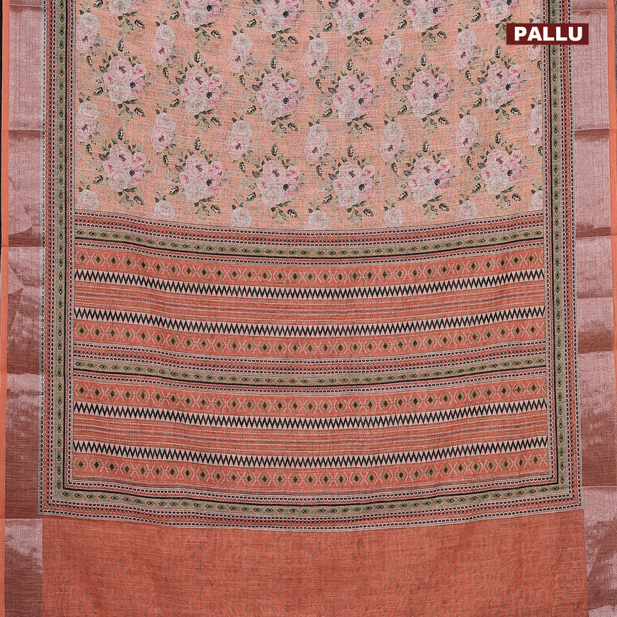 Linen cotton saree orange with allover floral prints and silver zari woven border