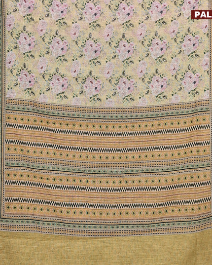 Linen cotton saree pale yellow with allover floral prints and silver zari woven border