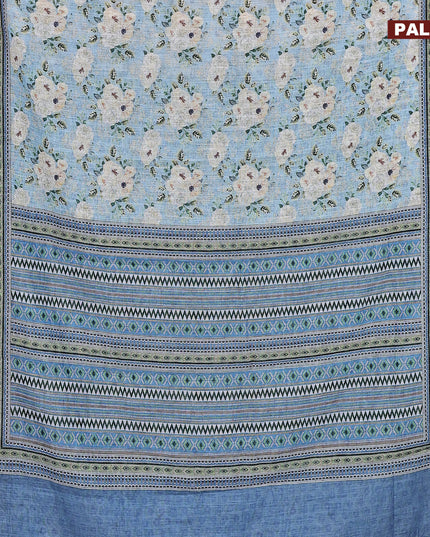 Linen cotton saree blue with allover floral prints and silver zari woven border