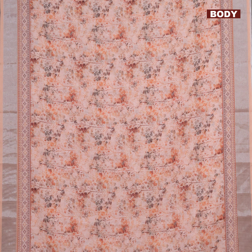 Linen cotton saree peach orange with allover prints and silver zari woven border