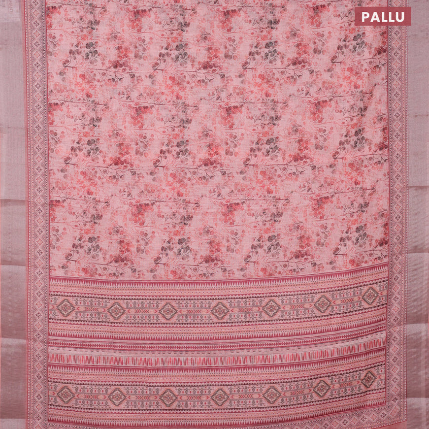 Linen cotton saree peach shade with allover prints and silver zari woven border