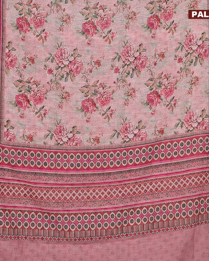 Linen cotton saree mild peach pink with allover floral prints and silver zari woven border