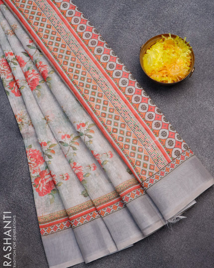 Linen cotton saree grey shade and grey with allover floral prints and silver zari woven border