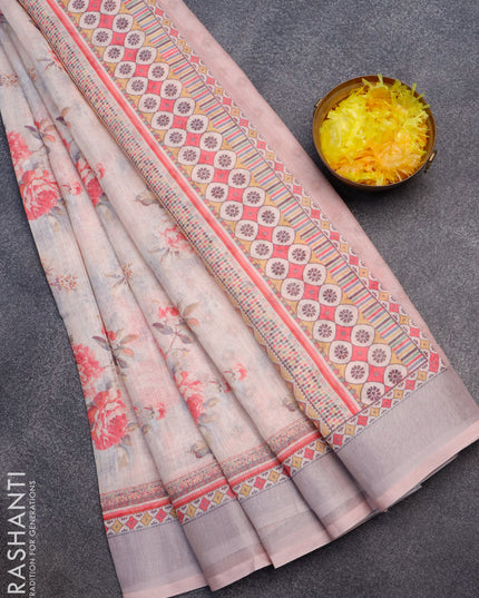 Linen cotton saree cream and pastel peach with allover floral prints and silver zari woven border