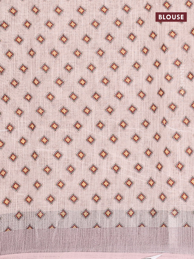 Linen cotton saree cream and pastel peach with allover floral prints and silver zari woven border