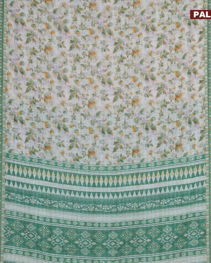 Linen cotton saree off white and dark mustard with allover leaf prints and silver zari woven border