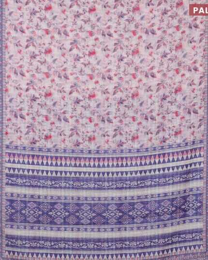Linen cotton saree off white and pink with allover leaf prints and silver zari woven border