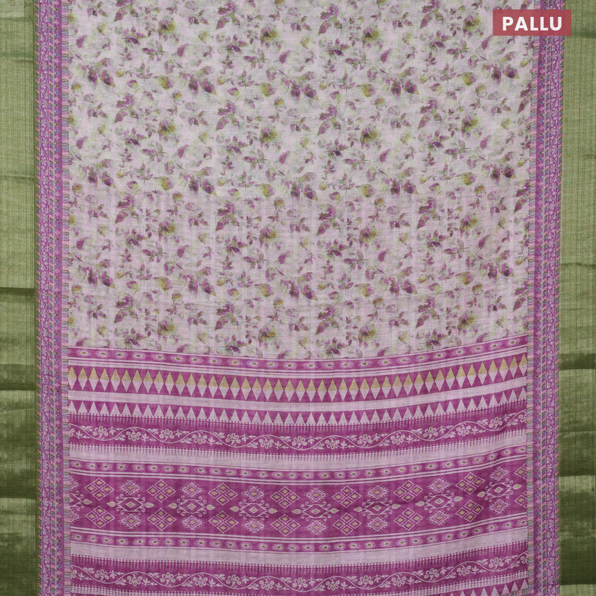 Linen cotton saree off white and green with allover leaf prints and silver zari woven border
