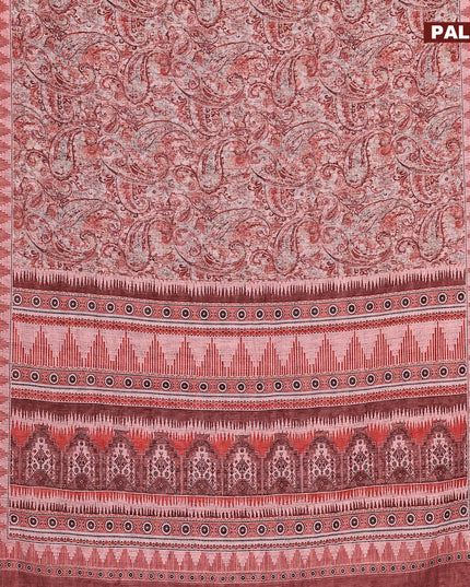 Linen cotton saree peach shade and brown with allover paisley prints and silver zari woven border