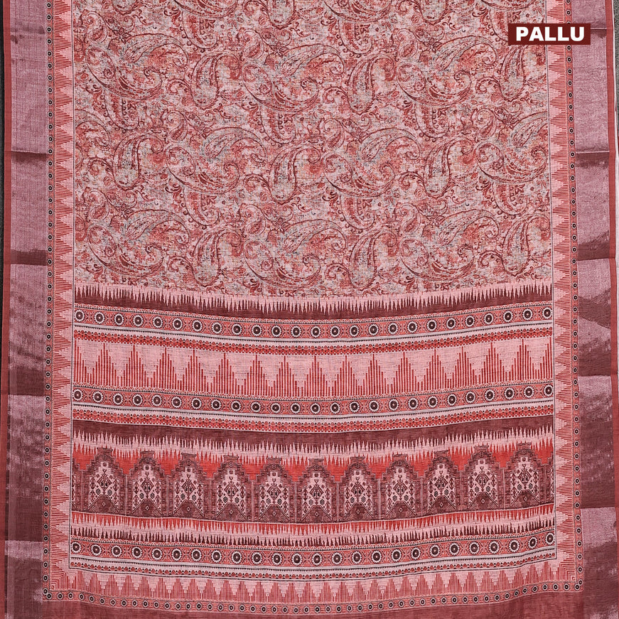 Linen cotton saree peach shade and brown with allover paisley prints and silver zari woven border