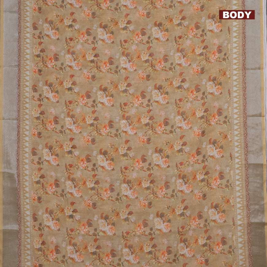 Linen cotton saree sandal with allover floral prints and silver zari woven border